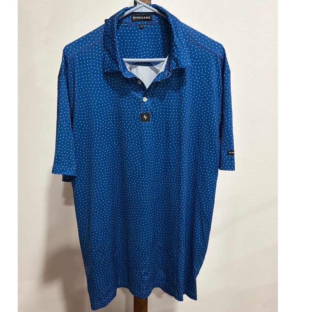 Byrdgang Men XL Blue White Polka Dot Golf Polo Shirt Flamingo Logo Stretch Birdi
